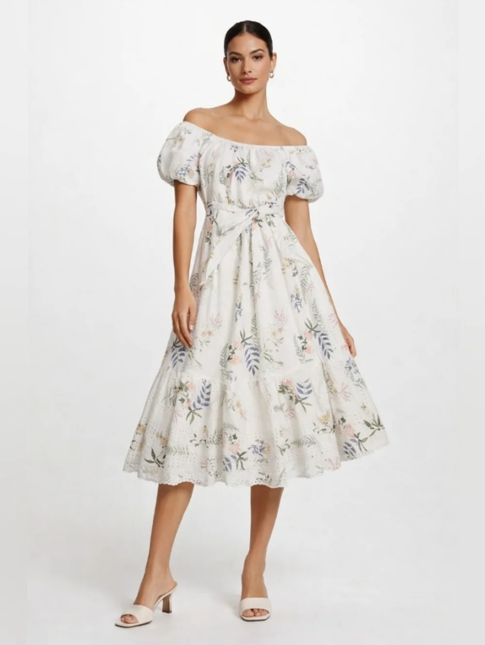 Just Me White Floral Eyelet Off-Shoulder Midi Sun Dress Large - Picture 1 of 13